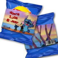 Printable print-bestand maak zelf je traktatie chips wikkel label etiket Stitch
