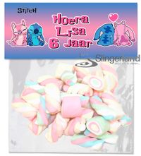 Printable print-bestand maak zelf je traktatie snoepzak label etiket Stitch