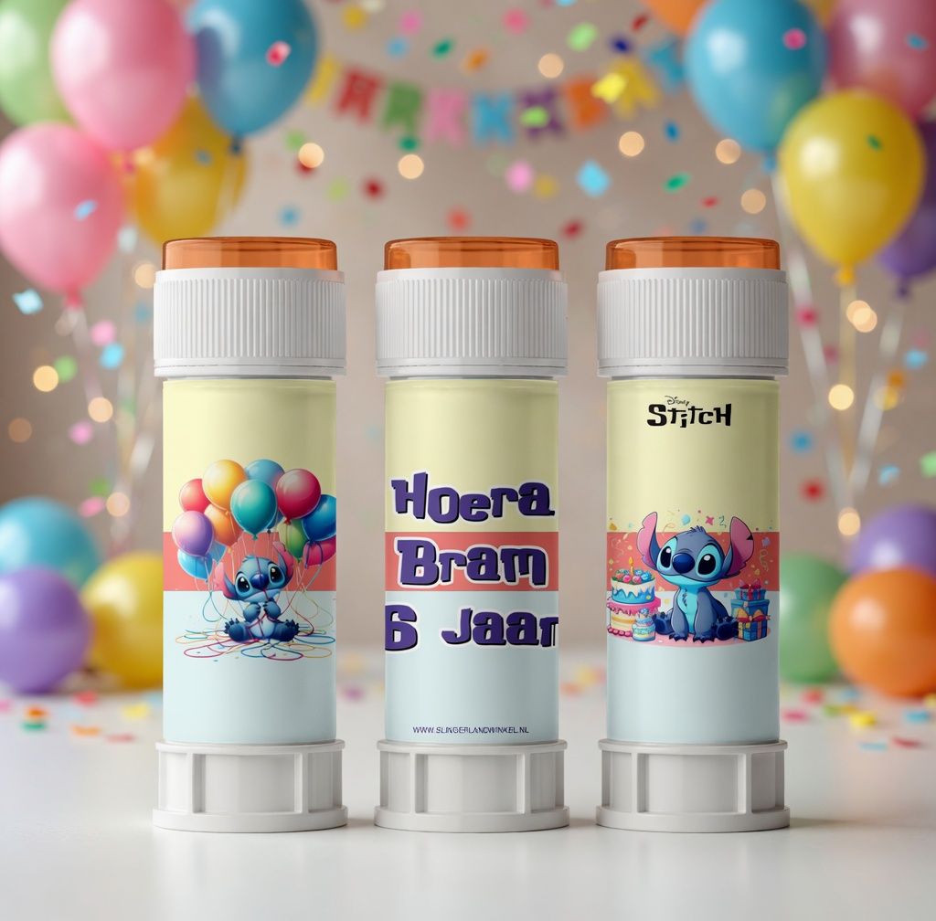 Bellenblaas wikkel traktatie printable stitch, gepersonaliseerd met naam en leeftijd