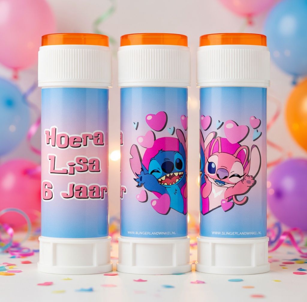 Bellenblaas wikkel traktatie printable stitch en angel, gepersonaliseerd met naam en leeftijd