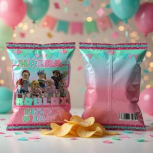 Chips zakje traktatie printable roblox party, gepersonaliseerd met naam en leeftijd
