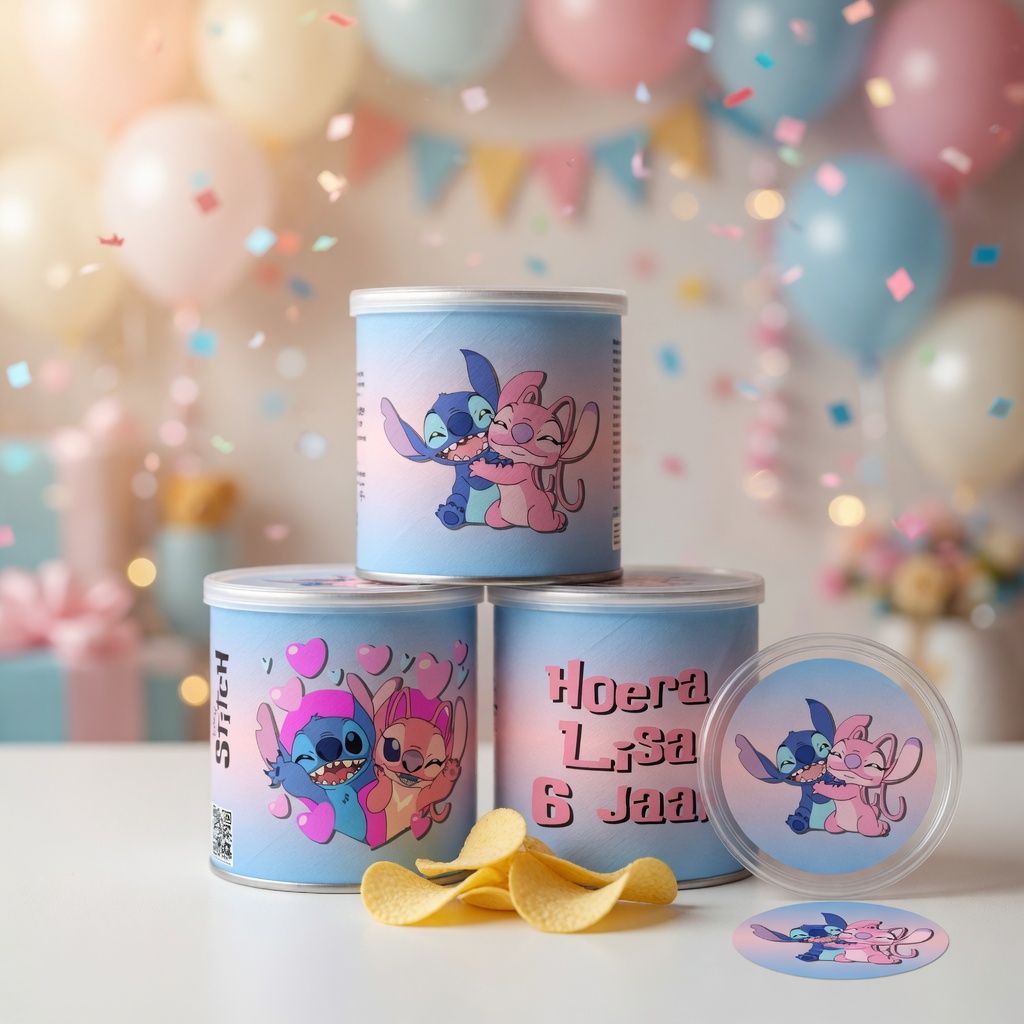 Pringles wikkel traktatie printable traktatie Stitch en Angel, gepersonaliseerd met naam en leeftijd