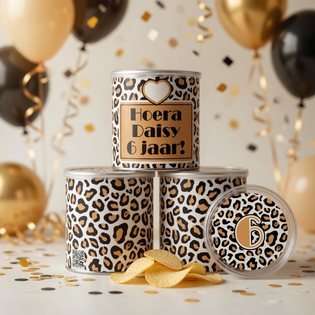 digitale printable traktatie panterprint bruin Pringles wikkel
