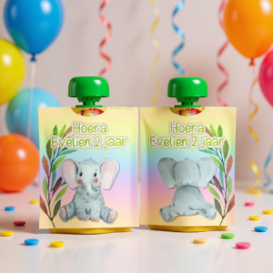 knijpfruit wikkel traktatie printable olifant, gepersonaliseerd met naam en leeftijd