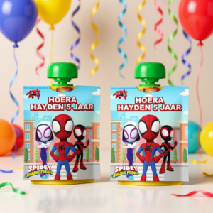 knijpfruit wikkel traktatie printable spidey, gepersonaliseerd met naam en leeftijd