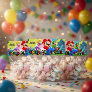 snoepzak label traktatie printable super mario, gepersonaliseerd met naam en leeftijd