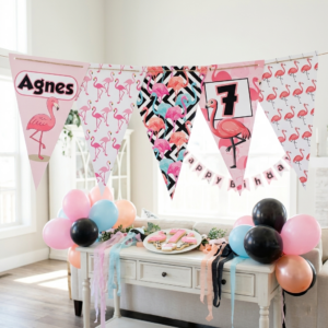 thema vlaggenlijn printable flamingo, gepersonaliseerd met naam en leeftijd