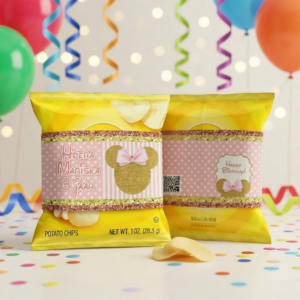 Chips wikkel traktatie printable minnie mouse, gepersonaliseerd met naam en leeftijd
