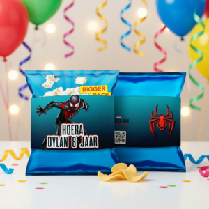 Chips wikkel traktatie printable spiderman miles morales, gepersonaliseerd met naam en leeftijd