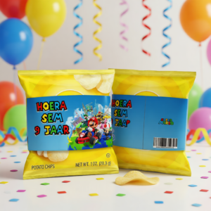 Chips wikkel traktatie printable super mario, gepersonaliseerd met naam en leeftijd
