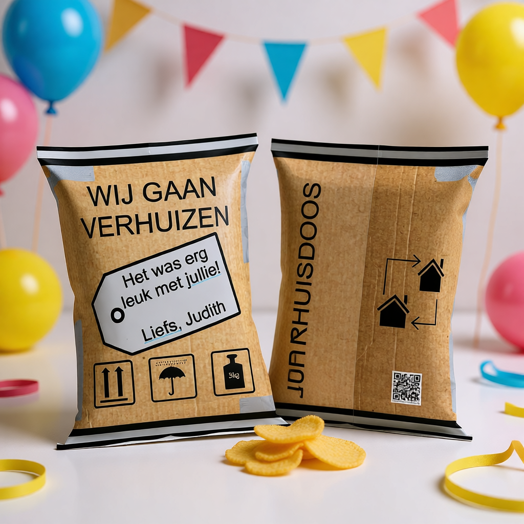 Chips zakje traktatie printable verhuizen, gepersonaliseerd met naam en leeftijd