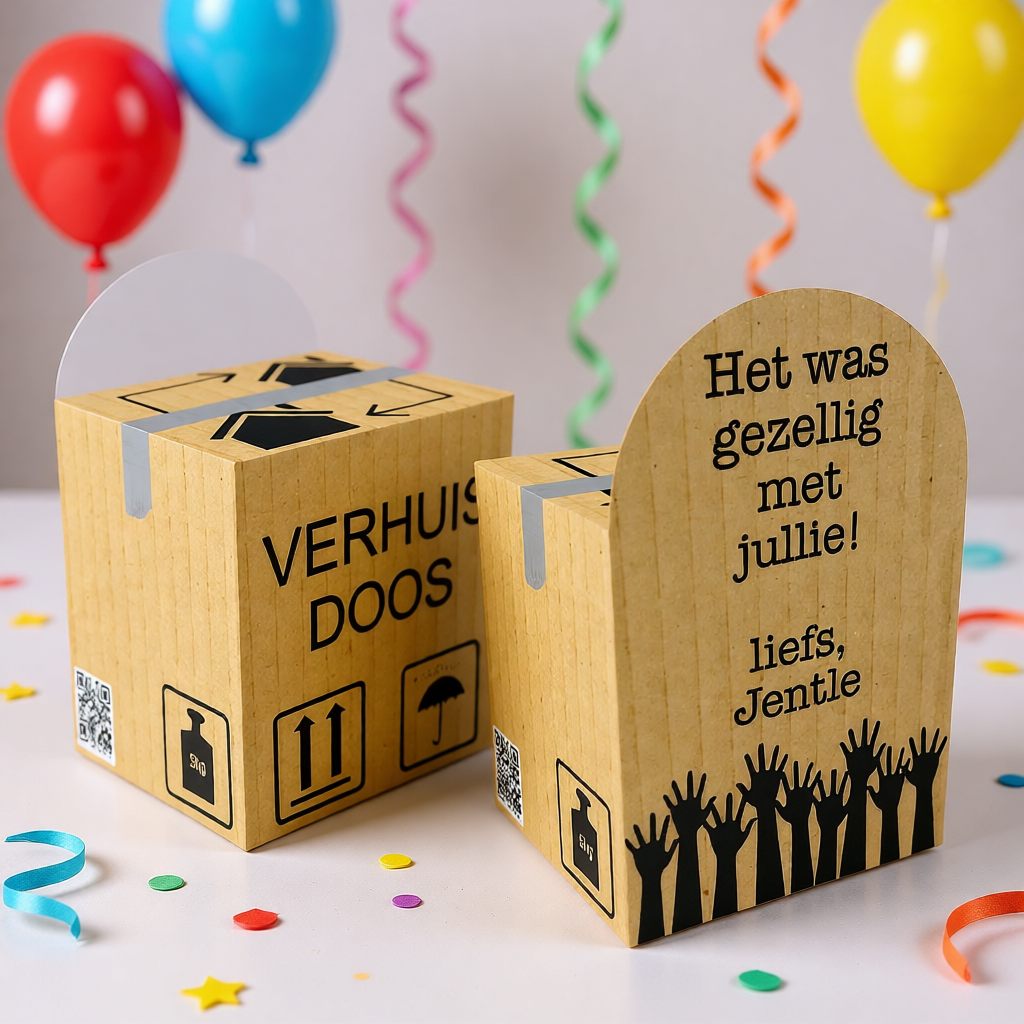 Pop out doosje traktatie printable verhuizen, gepersonaliseerd met naam en leeftijd
