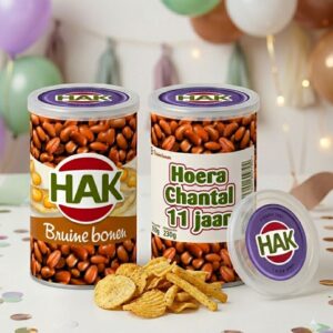 Pringles 70 gr wikkel traktatie printable hak bruine bonen, gepersonaliseerd met naam en leeftijd