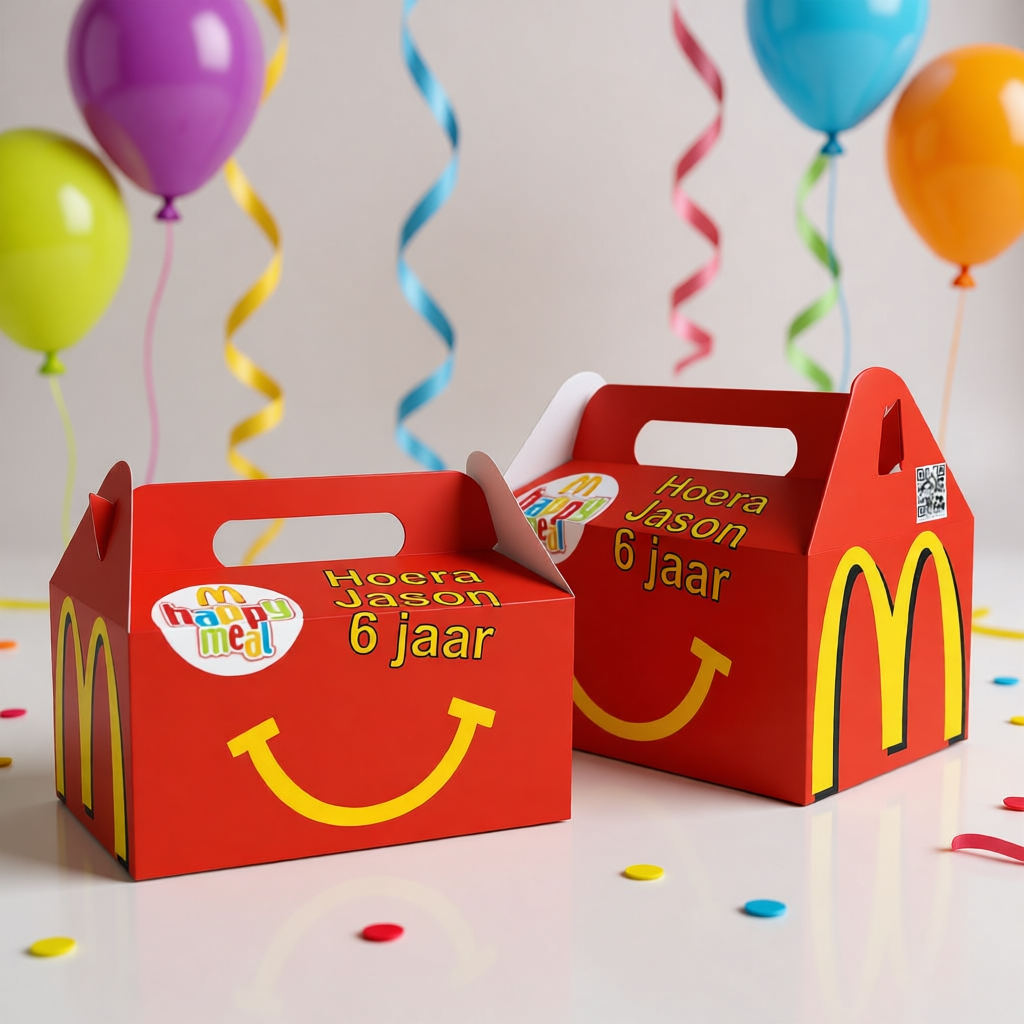 Uitdeelbox traktatie printable mc donalds, gepersonaliseerd met naam en leeftijd