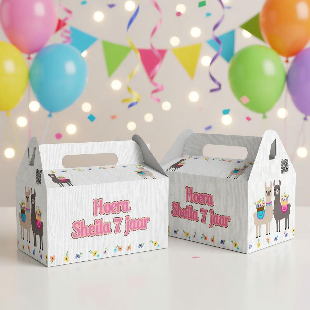 Uitdeelbox traktatie printable alpaca, gepersonaliseerd met naam en leeftijd