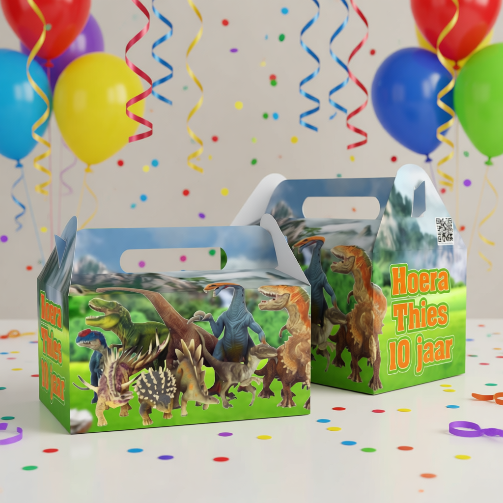 Uitdeelbox traktatie printable dino, gepersonaliseerd met naam en leeftijd
