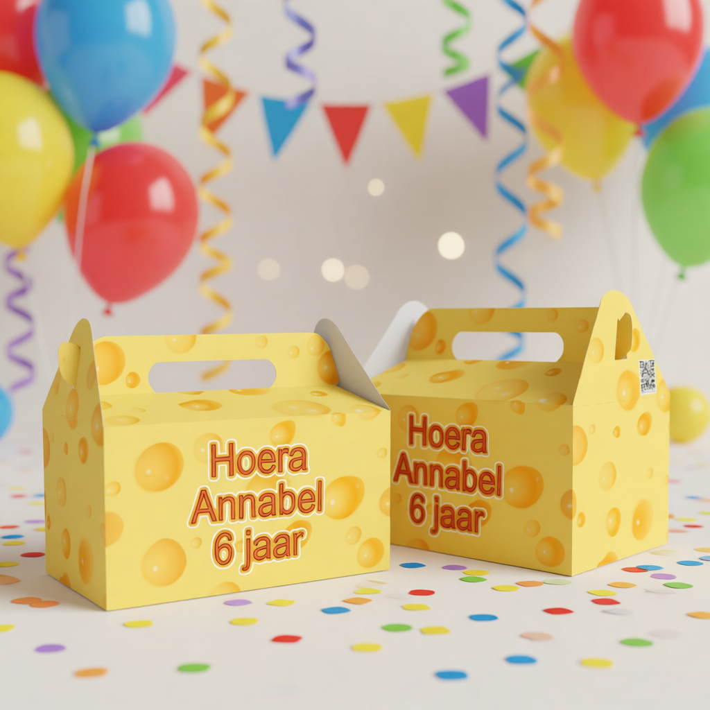 Uitdeelbox traktatie printable kaas, gepersonaliseerd met naam en leeftijd