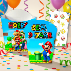 frietbakje traktatie printable super mario, gepersonaliseerd met naam en leeftijd