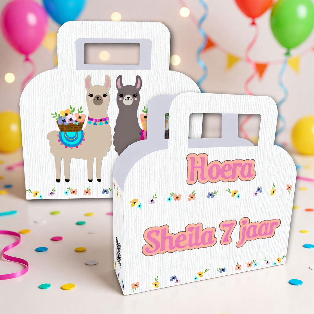 koffertje traktatie printable alpaca, gepersonaliseerd met naam en leeftijd