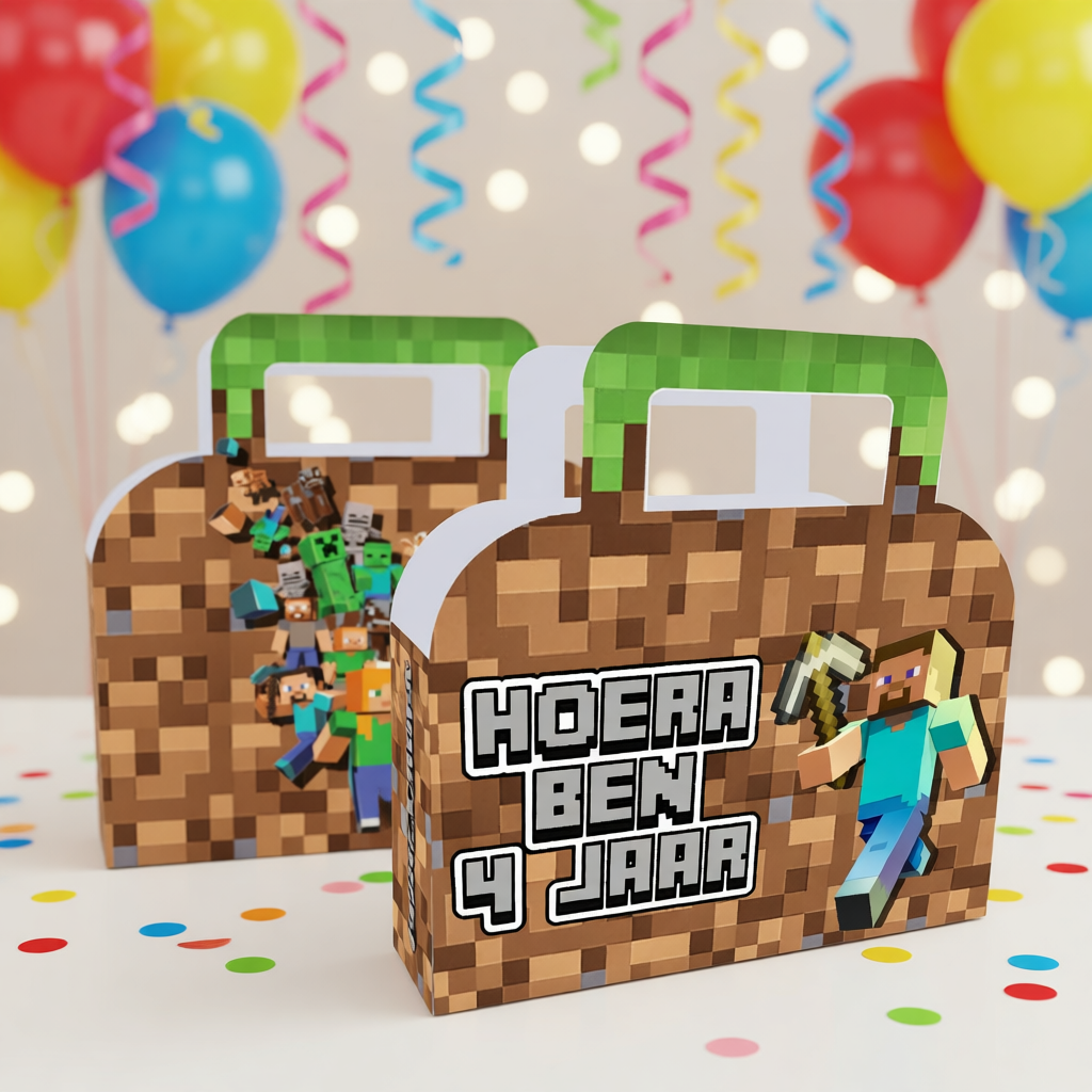 koffertje traktatie printable minecraft, gepersonaliseerd met naam en leeftijd