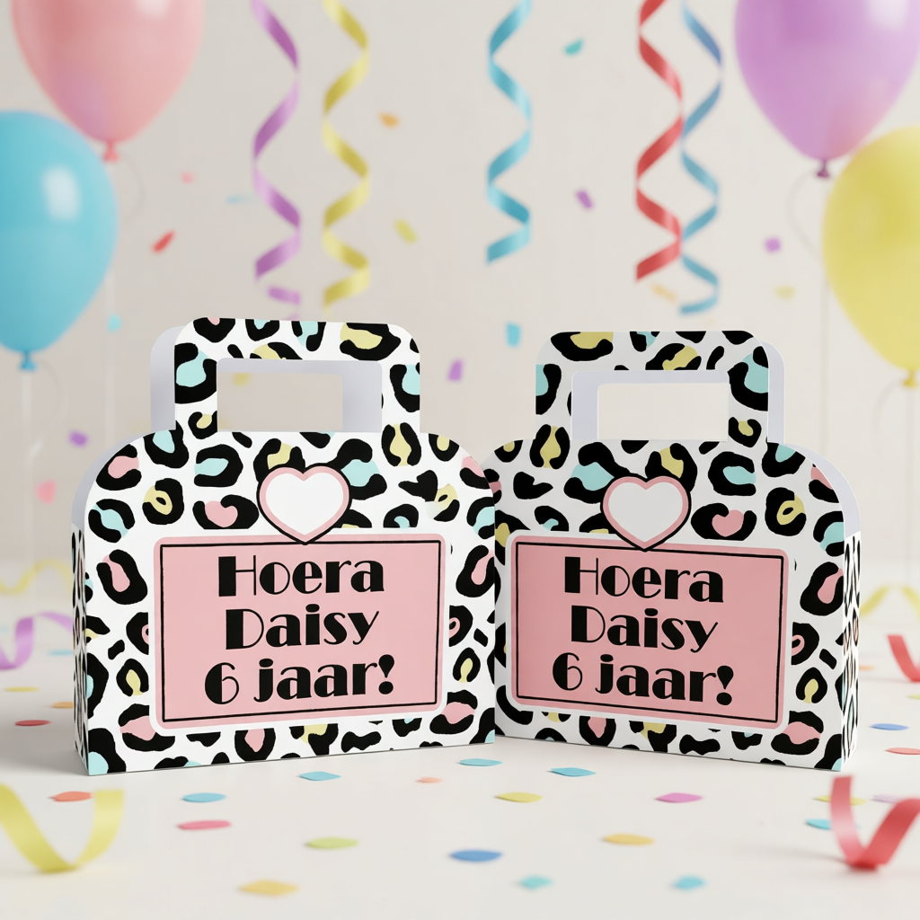 koffertje traktatie printable panterprint kleur, gepersonaliseerd met naam en leeftijd