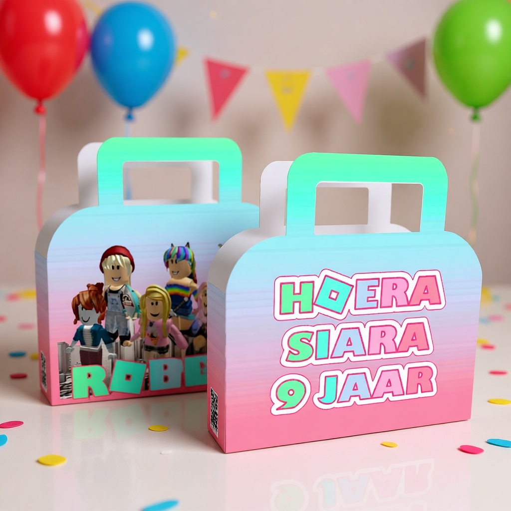 koffertje traktatie printable roblox party, gepersonaliseerd met naam en leeftijd