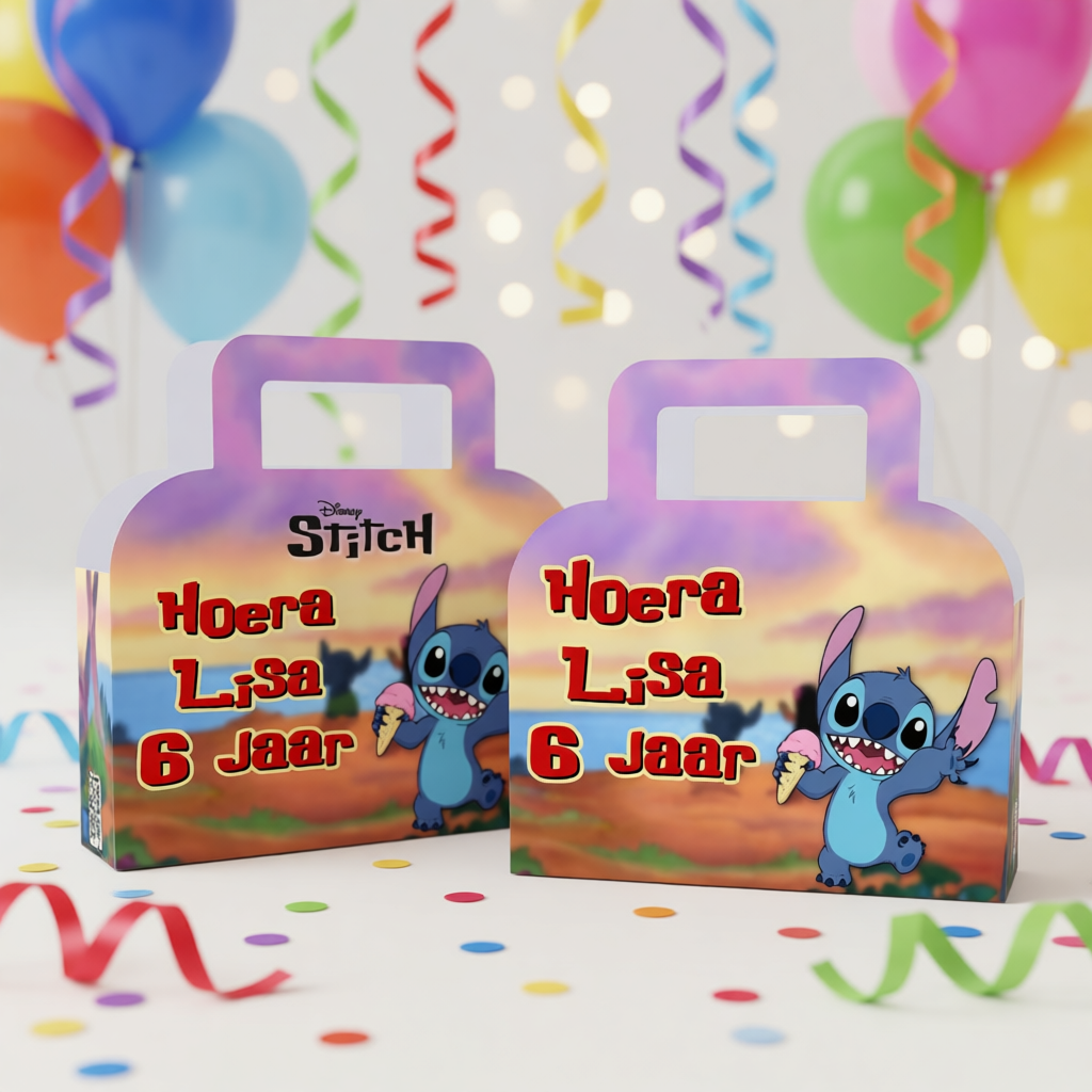 koffertje traktatie printable stitch, gepersonaliseerd met naam en leeftijd