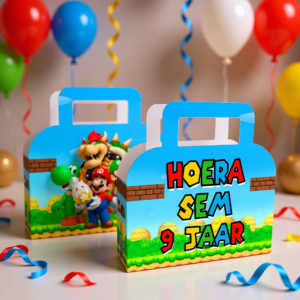koffertje traktatie printable super mario, gepersonaliseerd met naam en leeftijd