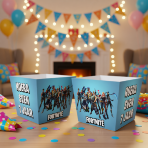 popcorn bakje traktatie printable fortnite, gepersonaliseerd met naam en leeftijd