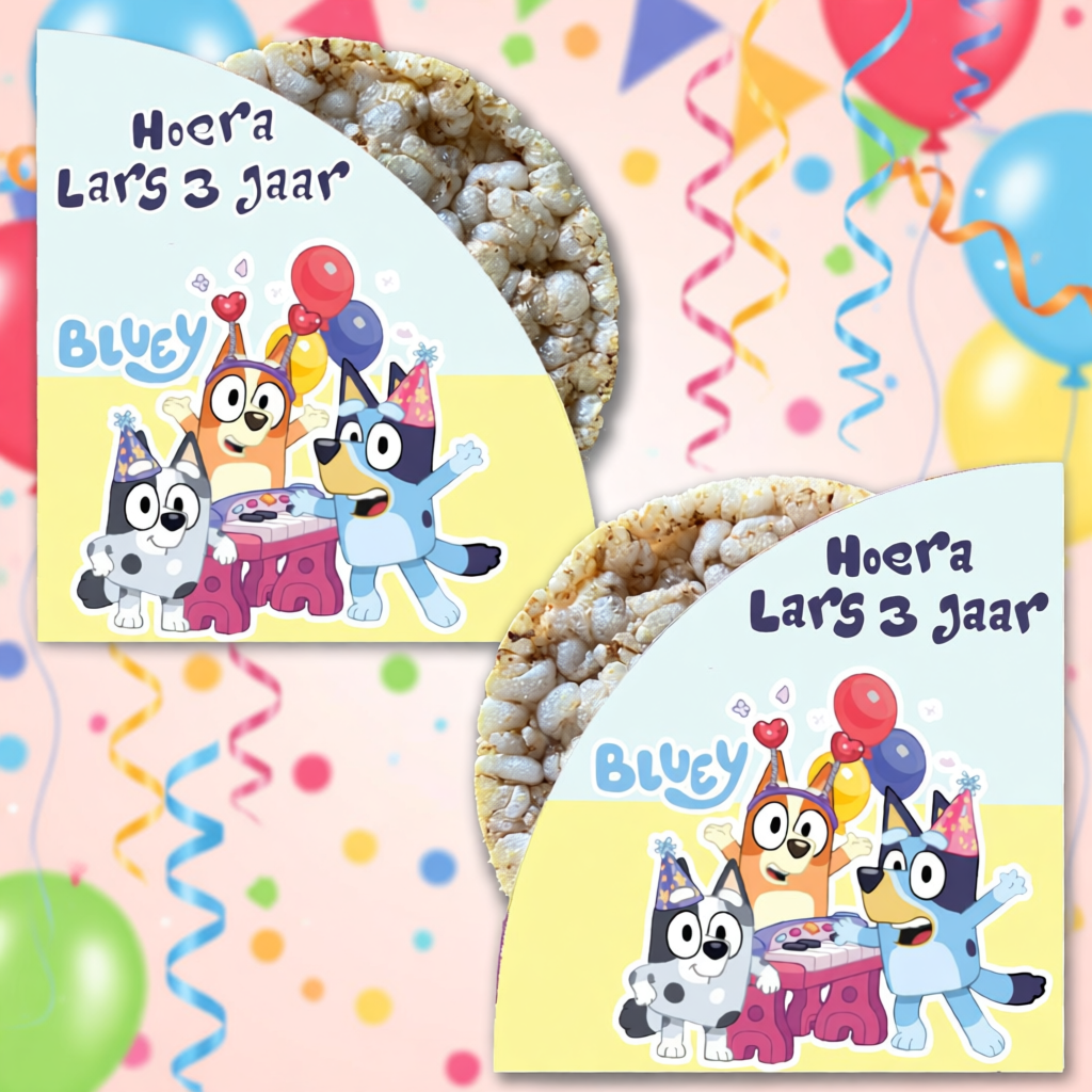 rijstwafel wikkel traktatie printable bluey, gepersonaliseerd met naam en leeftijd