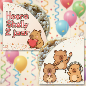 rijstwafel wikkel traktatie printable capybara kawaii, gepersonaliseerd met naam en leeftijd