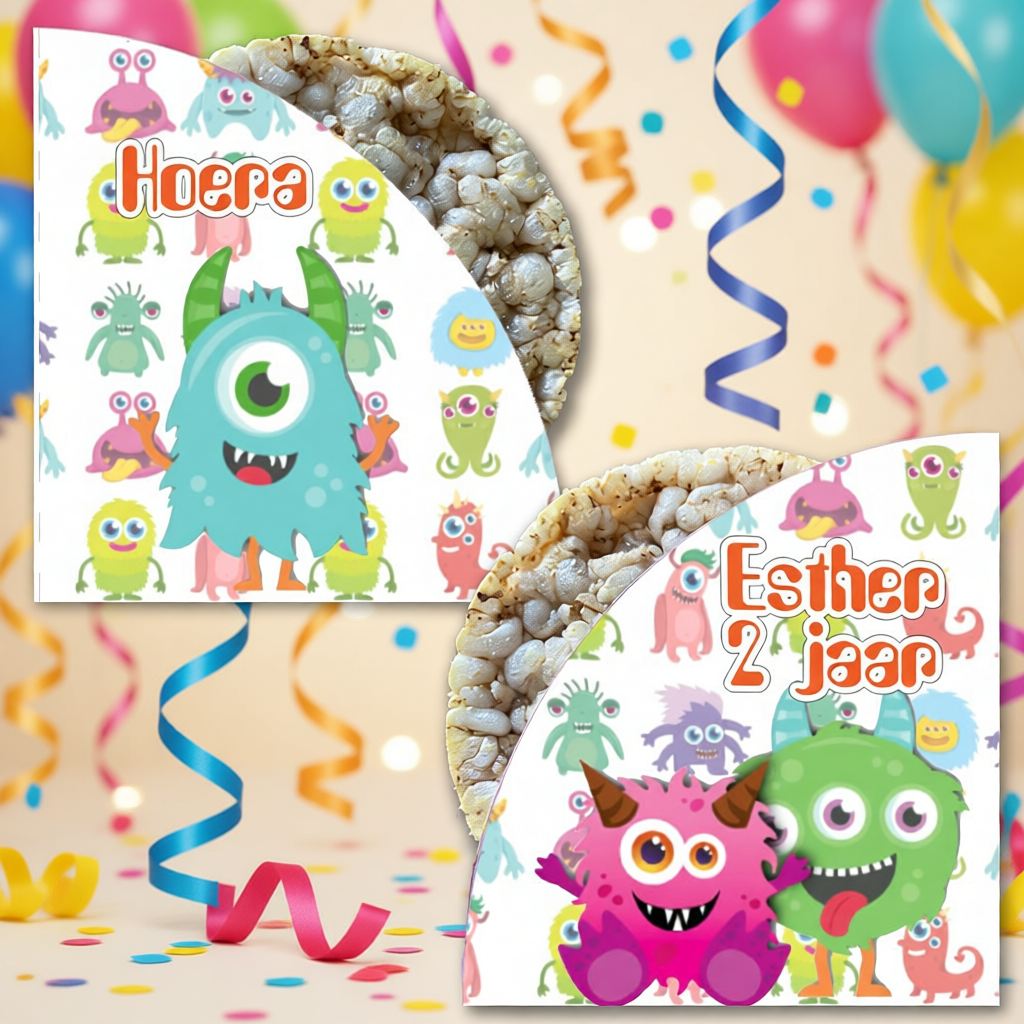 rijstwafel wikkel traktatie printable little monster, gepersonaliseerd met naam en leeftijd