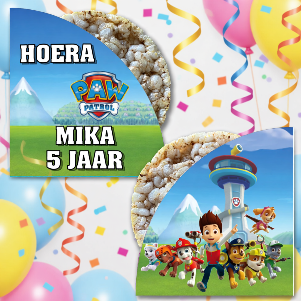 rijstwafel wikkel traktatie printable paw patrol, gepersonaliseerd met naam en leeftijd