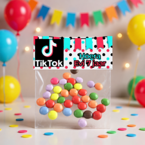 snoepzak label traktatie printable tiktok, gepersonaliseerd met naam en leeftijd