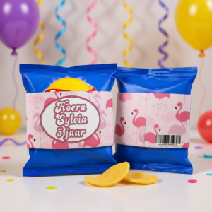 Chips wikkel traktatie printable flamingo, gepersonaliseerd met naam en leeftijd