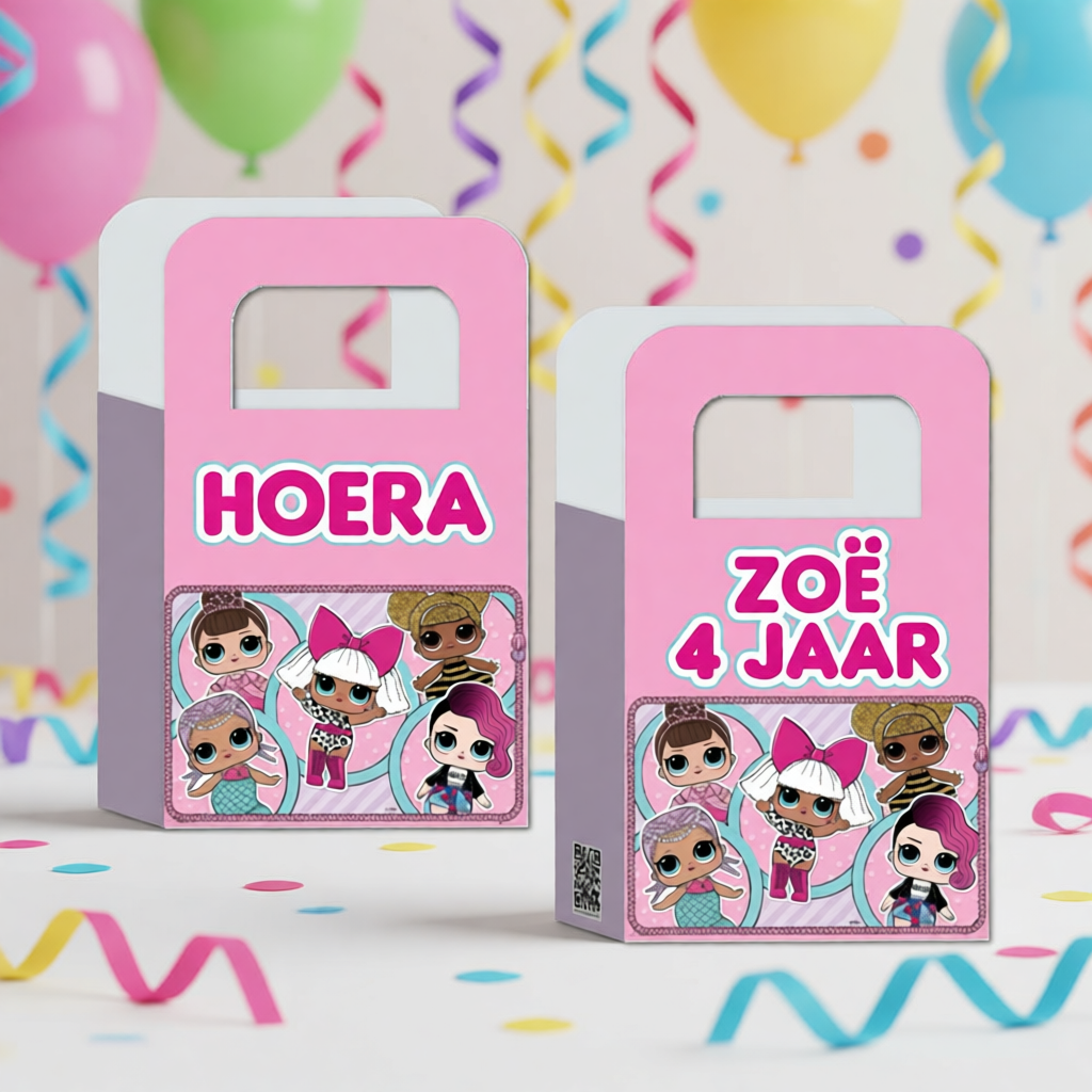 traktatie zakje printable lol surprise, gepersonaliseerd met naam en leeftijd