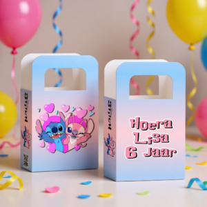 traktatie zakje printable stitch en angel, gepersonaliseerd met naam en leeftijd