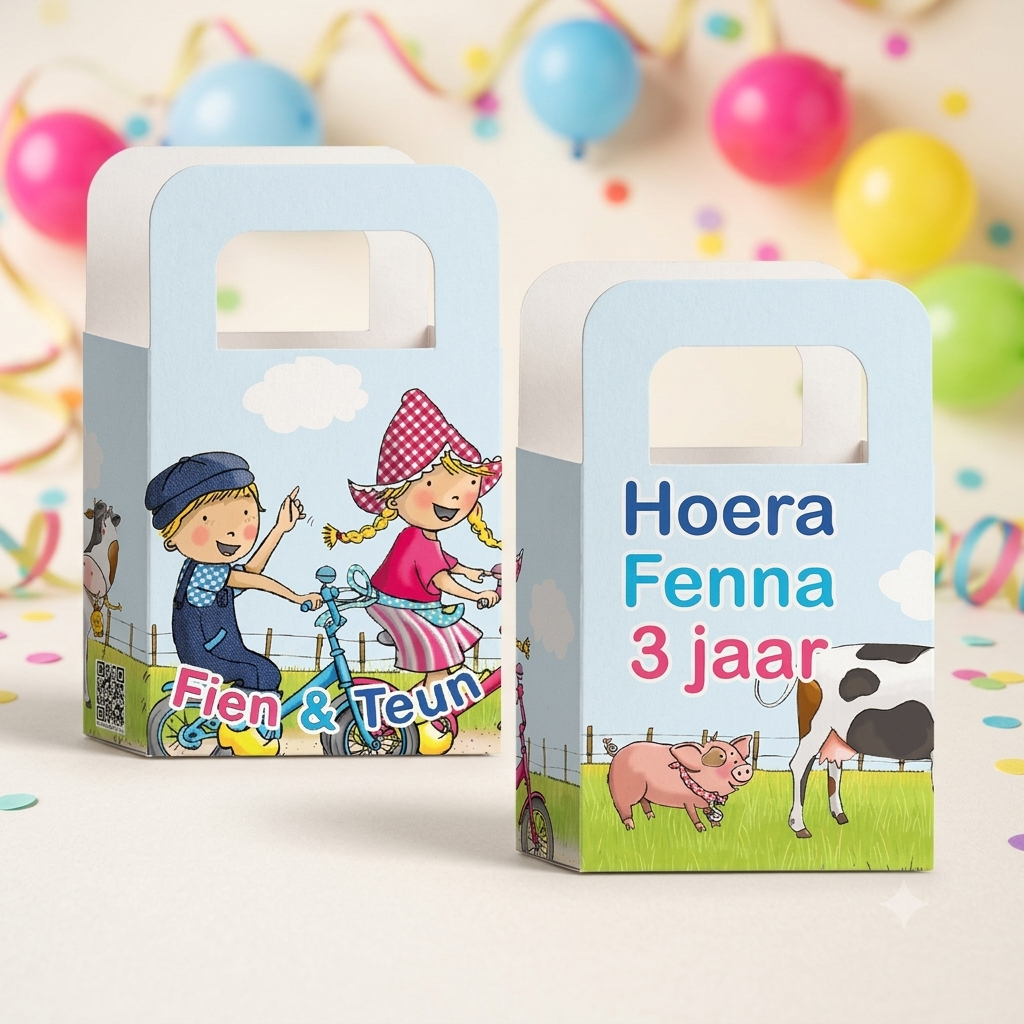 Traktatie zakje printable Fien en Teun A, gepersonaliseerd met naam en leeftijd